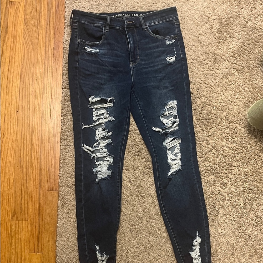 American Eagle Outfitters Women's Dark Blue Distressed Skinny Jeans